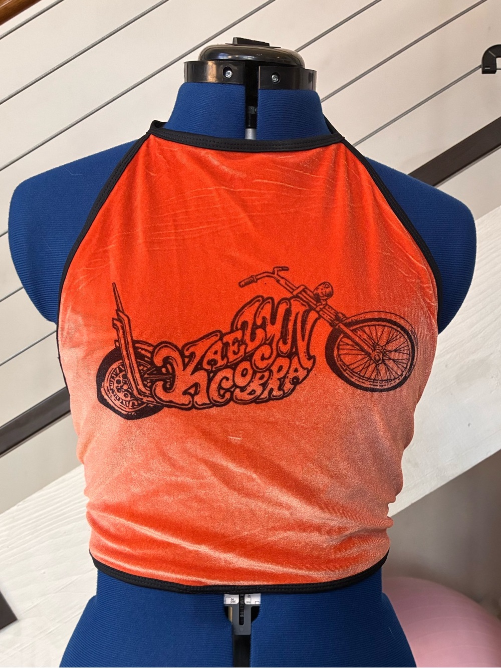 Orange Graphic Halter Tank Top with Motorcycle Print